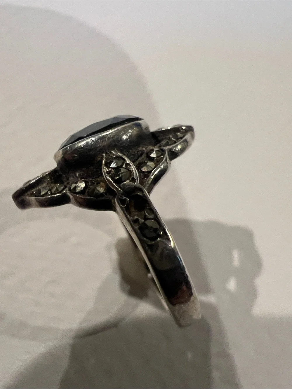 Sterling Silver Faceted Black Stone Marcasite Vintage Women's Ring